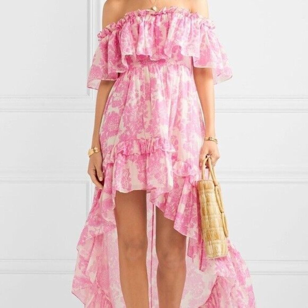 LoveShackFancy Alexia Floral Print High-Low Ruffle Dress in Pink Gem Size Large - Picture 2 of 10